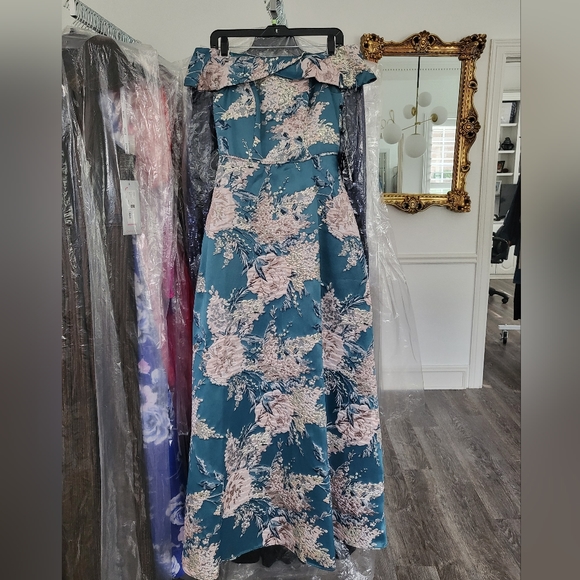 Adrienna Papell Off-shoulder Teal Evening Gown - Picture 5 of 6